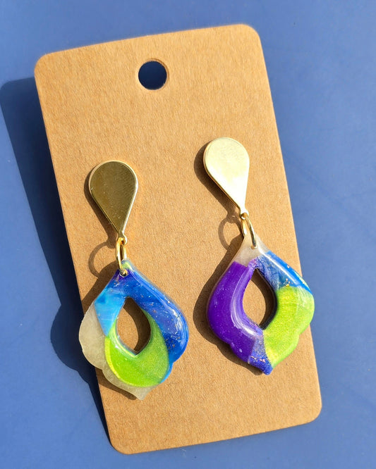 Blue, Purple, Green & Translucent Design on Gold-Plated Teardrop Studs #42