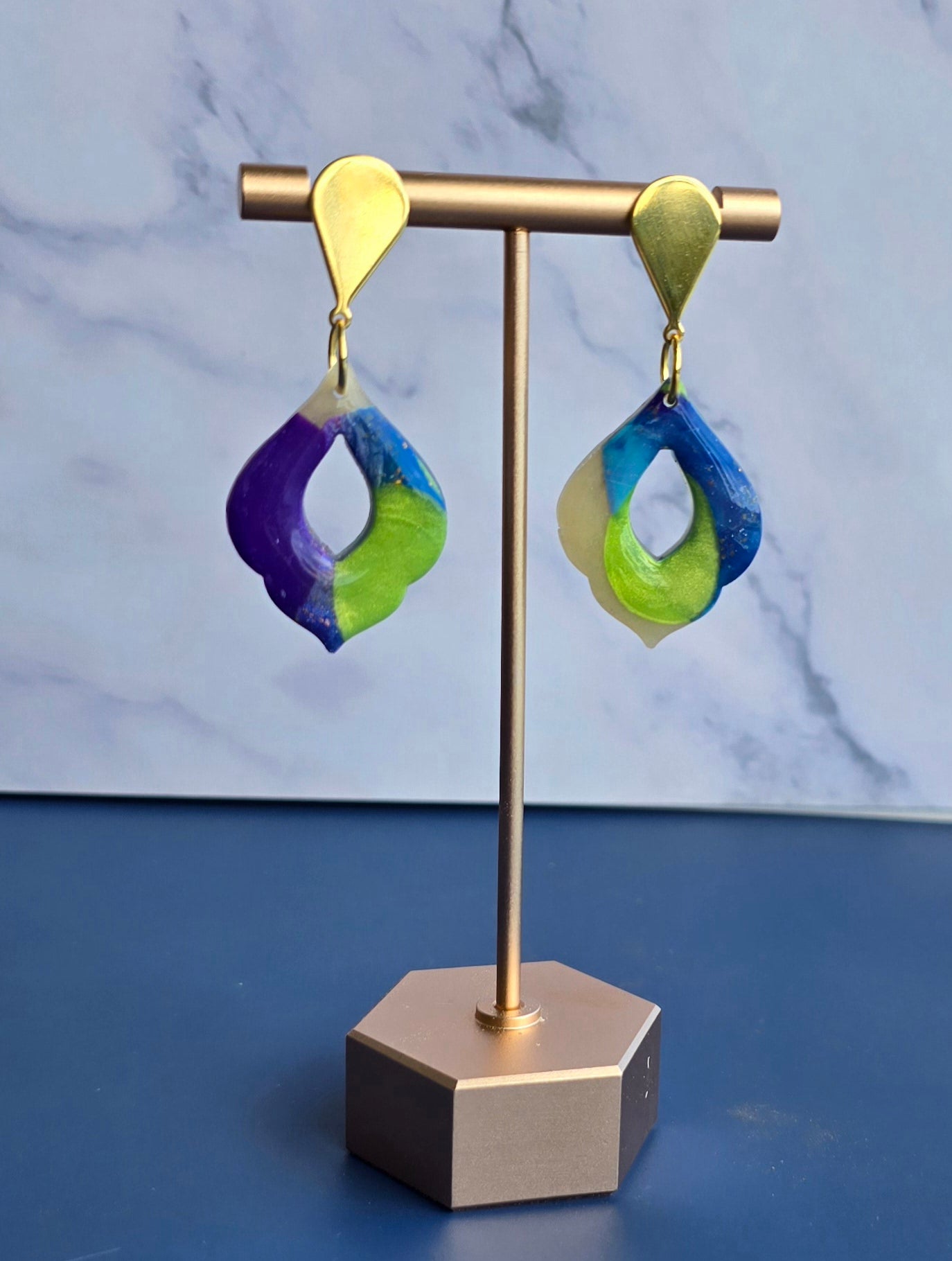 Handmade Polymer Clay Earrings – Blue, Purple, Green & Translucent Design on Gold-Plated Teardrop Studs #42