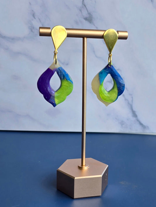 Handmade Polymer Clay Earrings – Blue, Purple, Green & Translucent Design on Gold-Plated Teardrop Studs #42