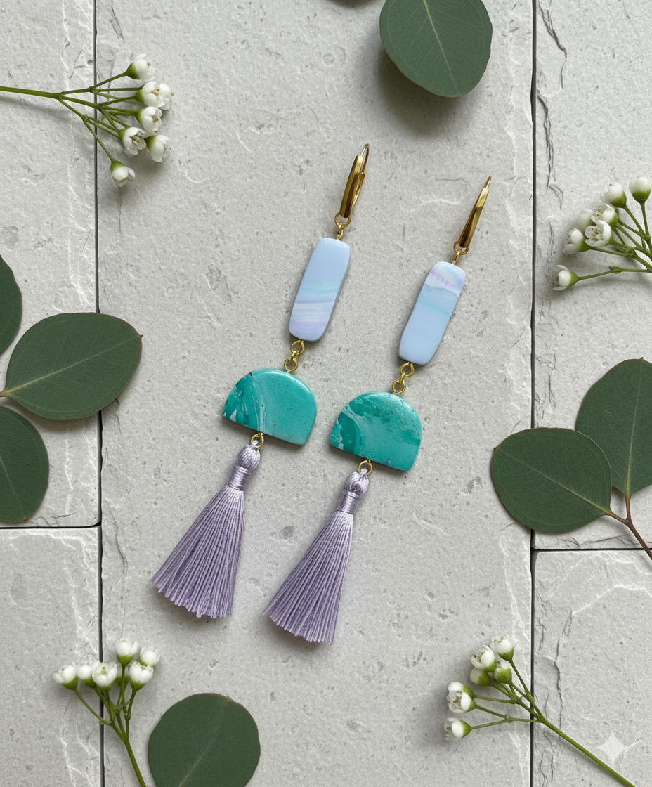 Art Deco Inspired Earrings with Marbled and Tassel Accents #7