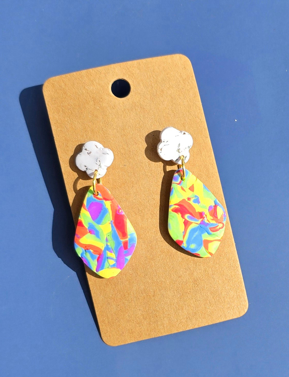 Handmade Rainbow Mokume Gane Dangle Earrings with Clover Stud #27