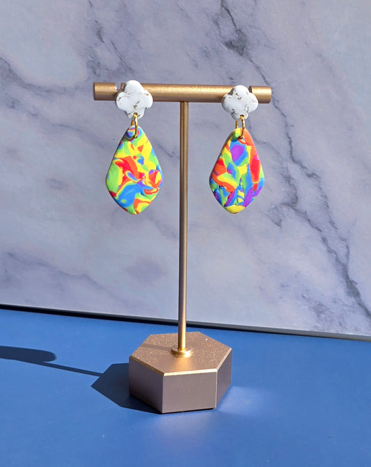 Handmade Rainbow Mokume Gane Dangle Earrings with Clover Stud #27