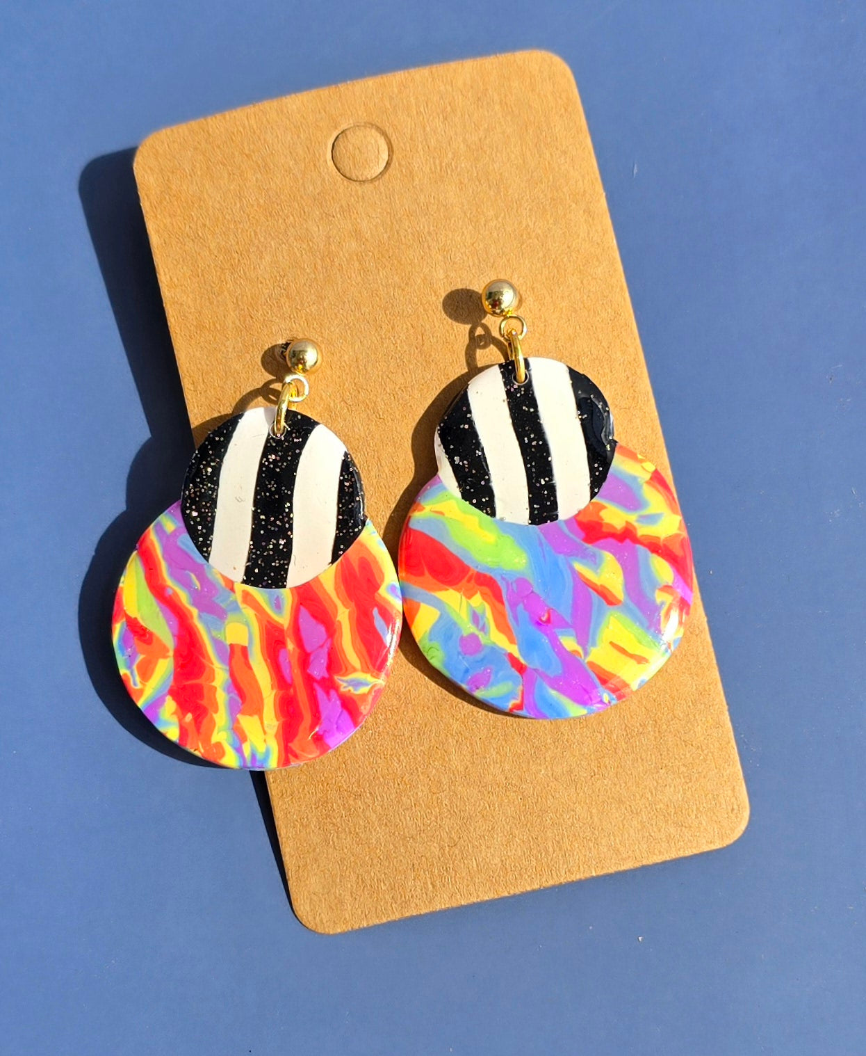 Handmade Rainbow Mokume Gane and Striped Layered Circle Earrings #26