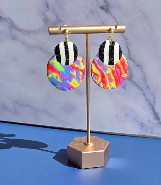 Handmade Rainbow Mokume Gane and Striped Layered Circle Earrings #26