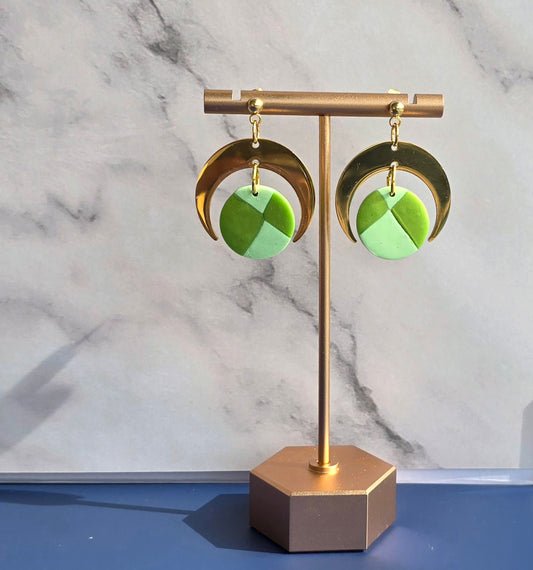 Handmade Two-Tone Green and Gold Celestial Dangle Earrings #6