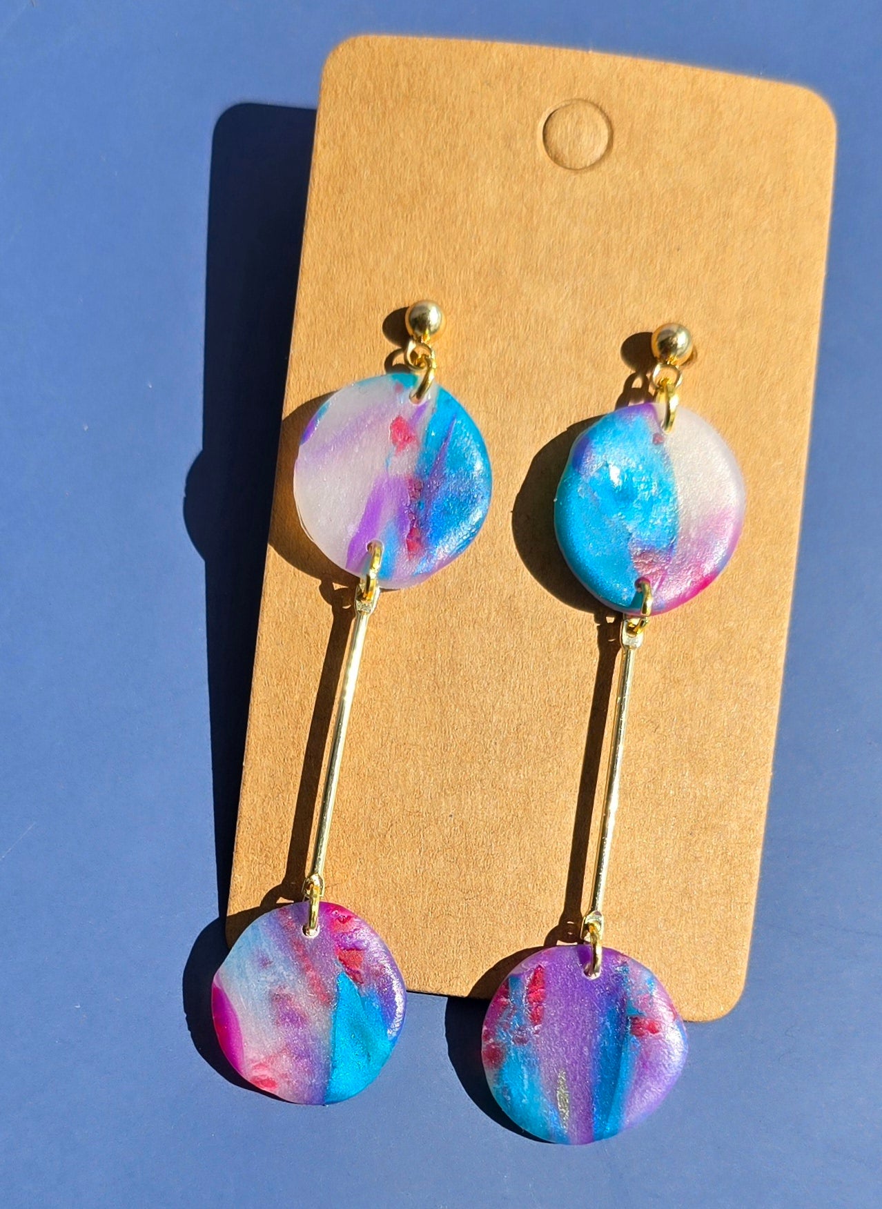 Handmade Polymer Clay Earrings – Blue, Purple & Translucent Double Circle Drops with Gold Bar Separator #53