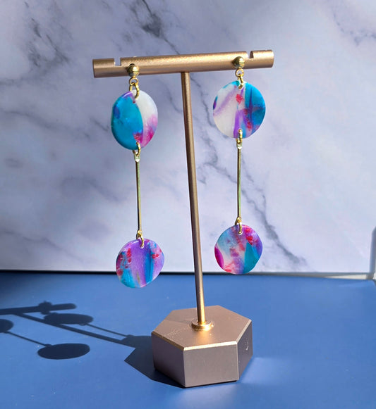 Handmade Polymer Clay Earrings – Blue, Purple & Translucent Double Circle Drops with Gold Bar Separator #53