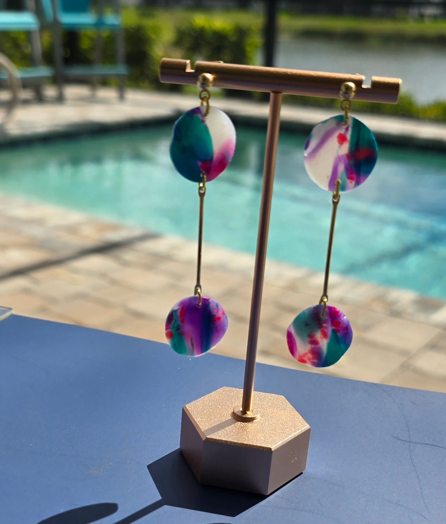 Handmade Polymer Clay Earrings – Blue, Purple & Translucent Double Circle Drops with Gold Bar Separator #53