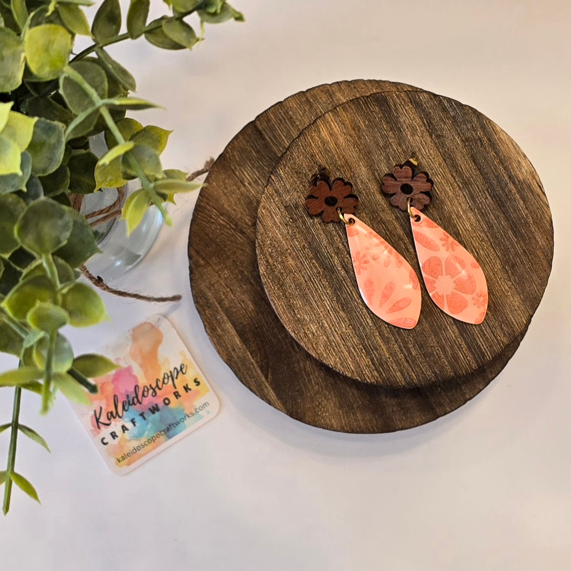 Teardrop Earrings with Floral Design and Wooden Accent #14