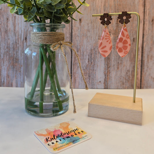 Teardrop Earrings with Floral Design and Wooden Accent #14