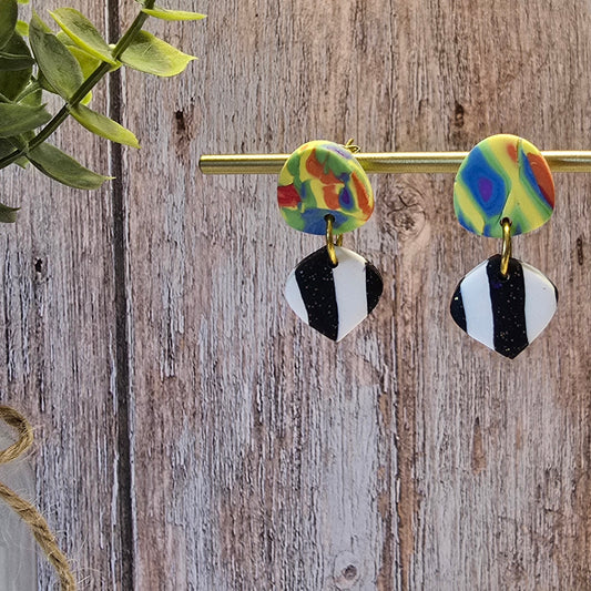 Rainbow Mokume Gane & Striped Stud Dangle Earrings #30