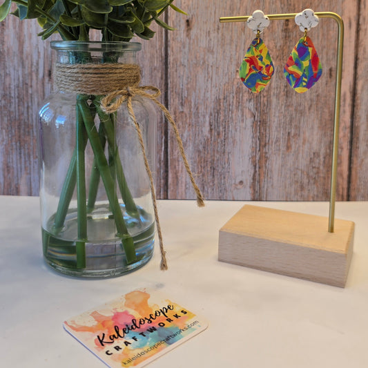 Rainbow Mokume Gane Dangle Earrings with Clover Stud #27