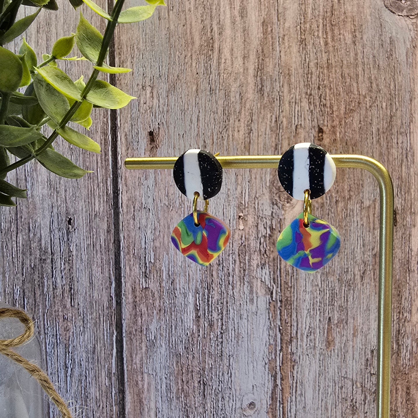 Rainbow Mokume Gane & Striped Stud Dangle Earrings #29